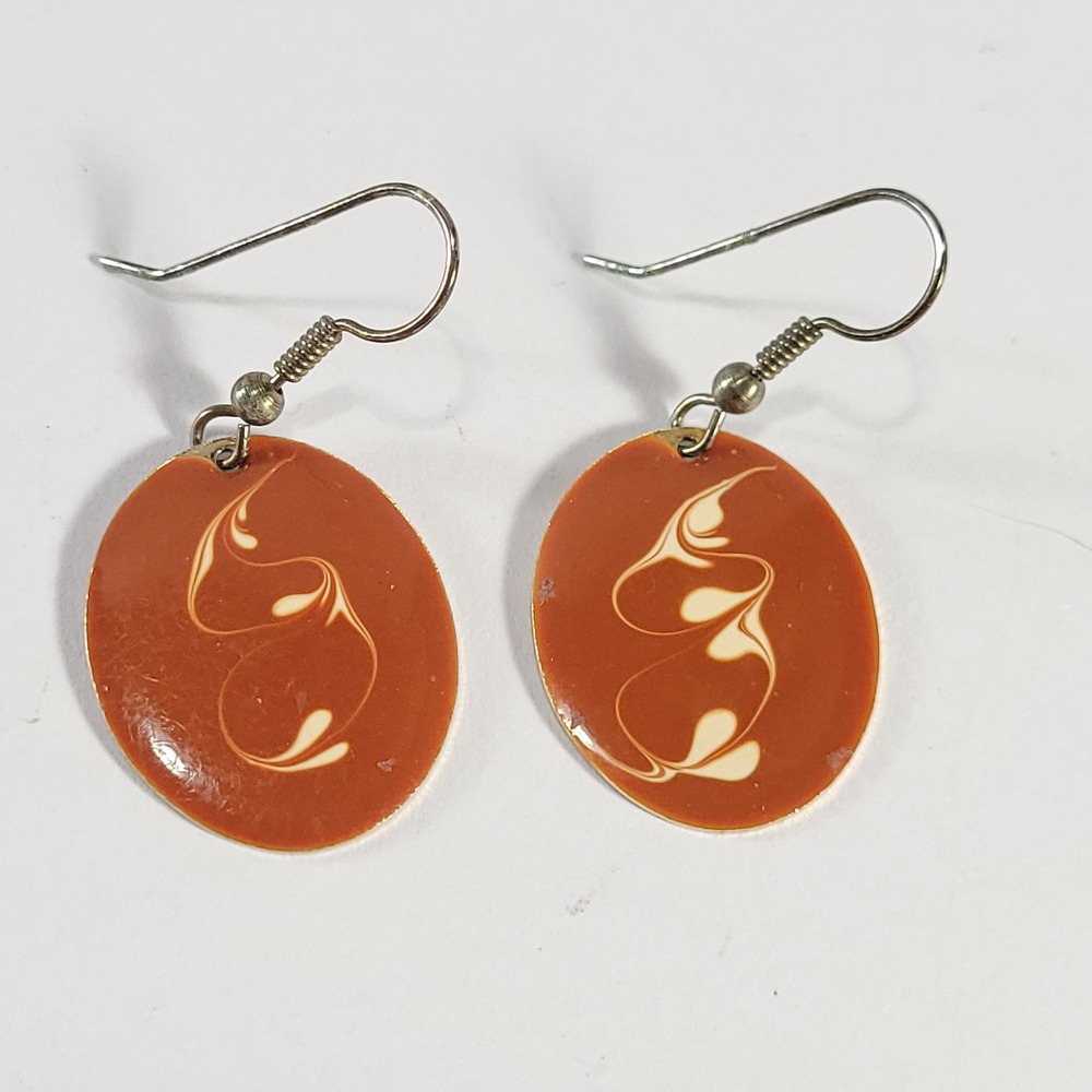 Enamel Drop Earrings Burnt Orange Retro Oval Swirl Pattern Dangle Jewlery